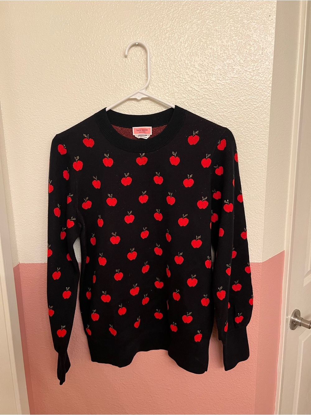kate spade Black Crewneck Sweater with Red Apple Motif